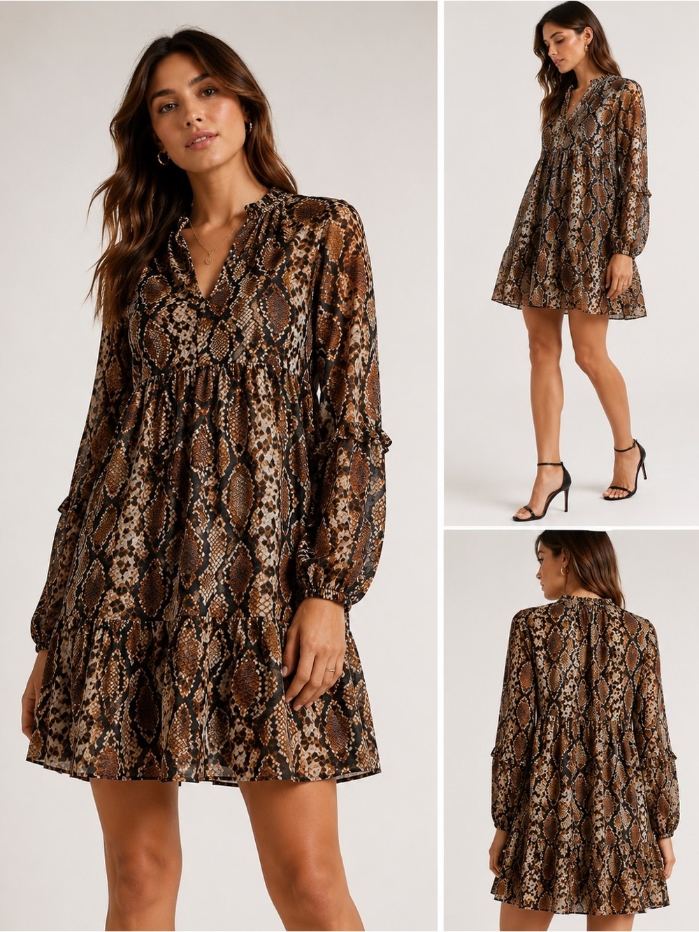 Express Brown and Black Snake Print Long Sleeve Dress